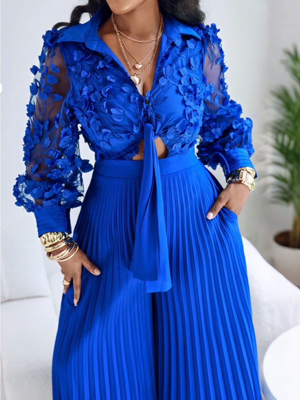 Chicme Royal Blue Pleated Wide-Leg Jumpsuit - Picture 2 of 12